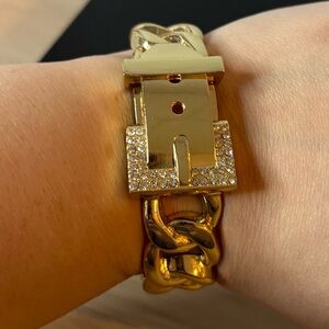 Gold Tone Belt Bracelet with Rhinestoned Buckle